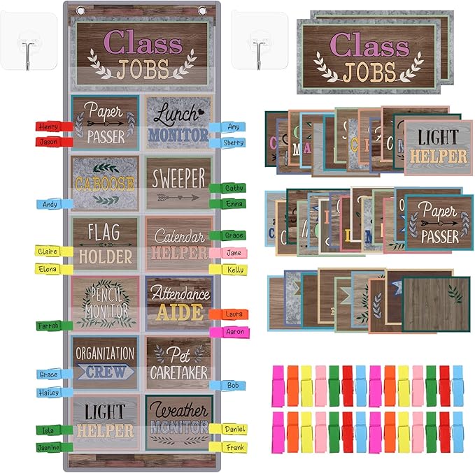 Blosssound Class Jobs Pocket Chart with 31 Cards 40 Colored Clips Classroom Teacher's Helper Management Educational Pocket Chart Bulletin Board Decorations Preschool Supplies (Farmhouse)