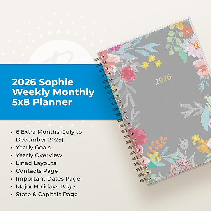 Blue Sky 2026 Weekly and Monthly Planner Calendar, January 2026 - December 2026, 5" x 8", Flexible Frosted Cover, Laminated Tabs, Durable Twin Wire Binding, Sophie