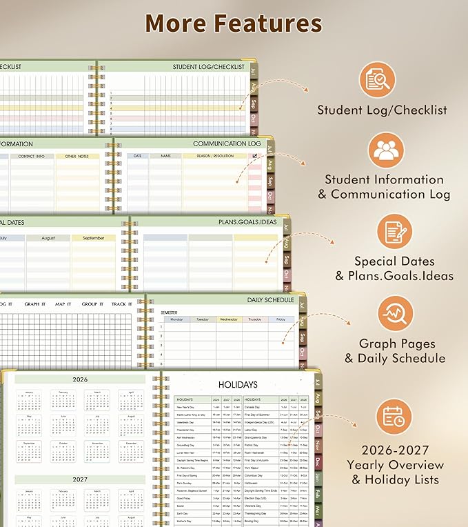 Teacher Planner 2026-2027, July 2026 - June 2027, Academic Weekly & Monthly Calendar Planner with Tabs, 8.5" x 11" A4 Teacher Lesson Plan Book with 7 Periods, Daily Agenda School Organizer for Teacher Student Homeschool, Green
