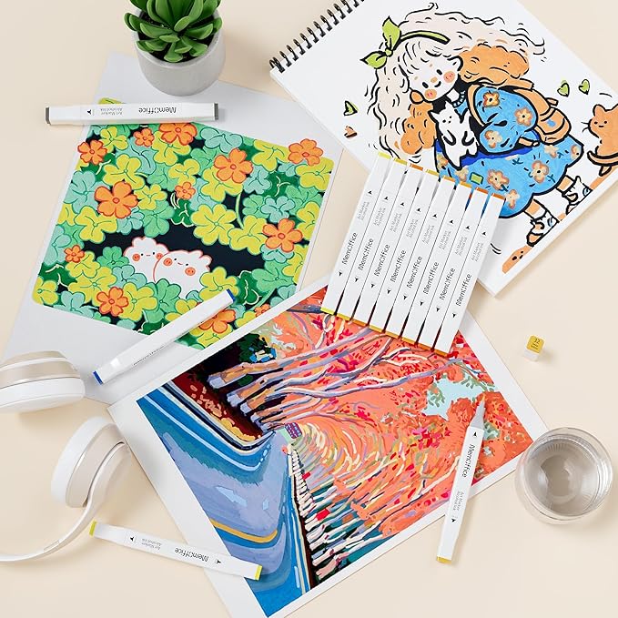 MemOffice 60 Colors Dual Tip Artist Alcohol Markers Set with Carrying Case - Perfect for Coloring, Drawing, Sketching, Card Making and Illustration - Perfect for Adults