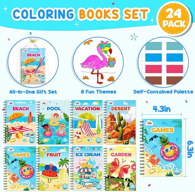 ZMLM 24 Water Coloring Books for Kids Party Favors - Bulk Mini Coloring Books for Kids Ages 4-8,Small Birthday Goodie Bag Stuffers School Teacher Return Gift Art Crafts Classroom Prizes (Summer)