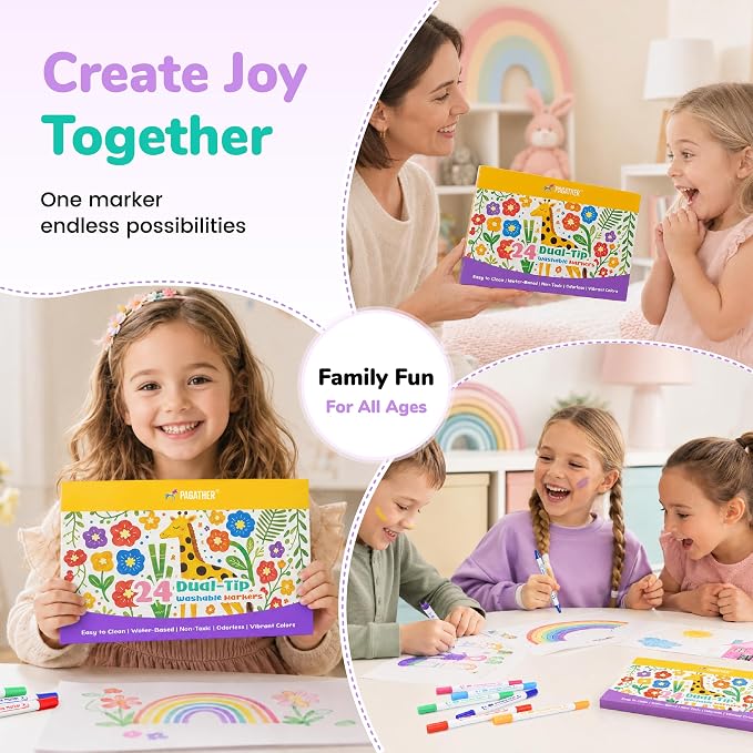 Pagather Washable Markers, 24 Colors Dual Tip Dot & Conical Pens for Kids