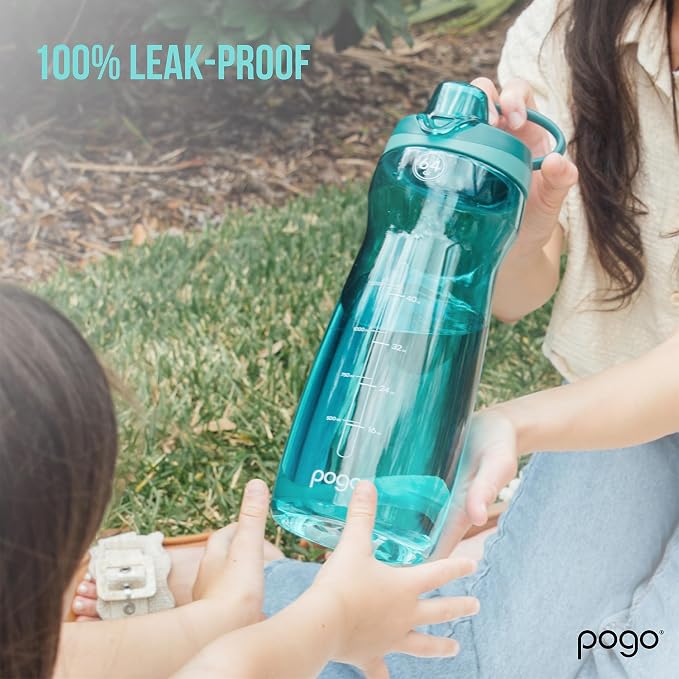 Pogo 64oz Plastic Water Bottle with Chug Lid and Carry Loop, Gray | Leakproof water bottle with chug lid and capacity markings. BPA-free, great for travel, school, outdoors, and gym.