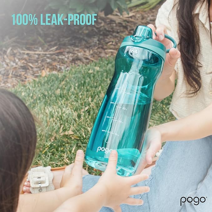 Pogo 64oz Plastic Water Bottle with Leak-Proof Chug Lid and Carry Handle, Reusable, BPA Free, Capacity Markings, Dishwasher Safe, Perfect for Travel, School, Outdoors, and Gym, Blue