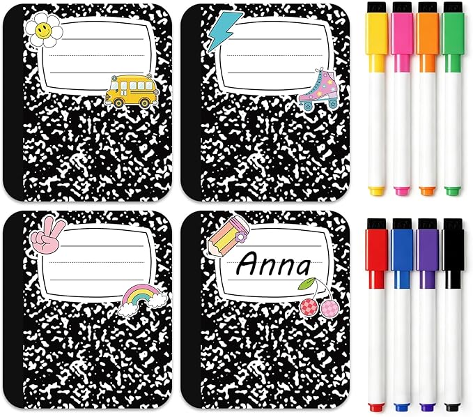 JarThenaAMCS 48Pcs Composition Notebook Magnetic Name Tags Reusable Dry Erase Label Writable Back to School Name Plate Magnet with Markers for Classroom Whiteboard Locker