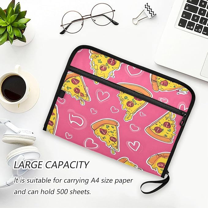Pizza Pink Love Pattern 13 Pocket File Organizer Expanding File Folder with Front Pouch Portable Business File Storage Document Organizer Folder with Zipper