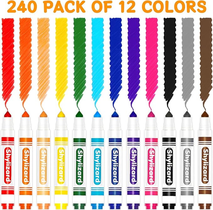 ShyLizard Washable Markers for Kids, 240 Count Markers Bulk with Broad Line Conical Tip, Coloring Marker in 12 Colors for Classroom School Supplies and Art Projects