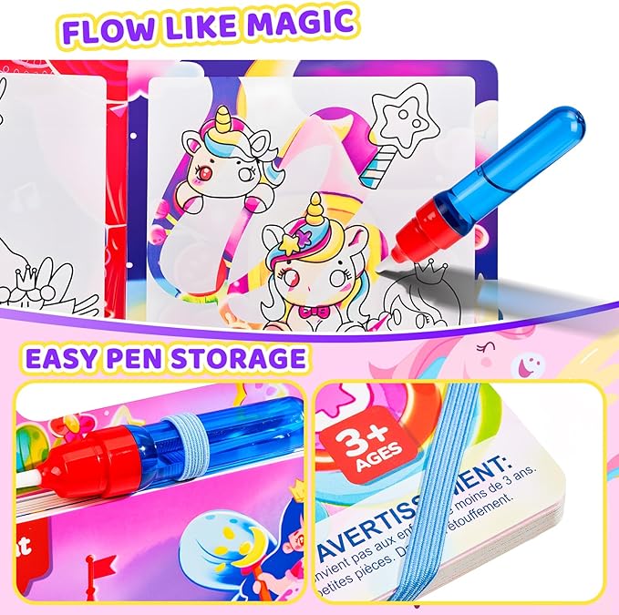 JoyCat Unicorn Water Coloring Book for Toddlers 3-5, Reusable No-Mess Water Painting Book with Water Pen, 13 Activity Pages, Travel Toy Gift for Boys & Girls