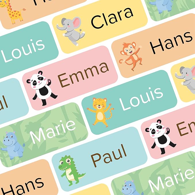 Name Labels for Kids (120 pcs) - Custom Waterproof Stickers for Daycare, Office and School Supplies (Jungle Animals)