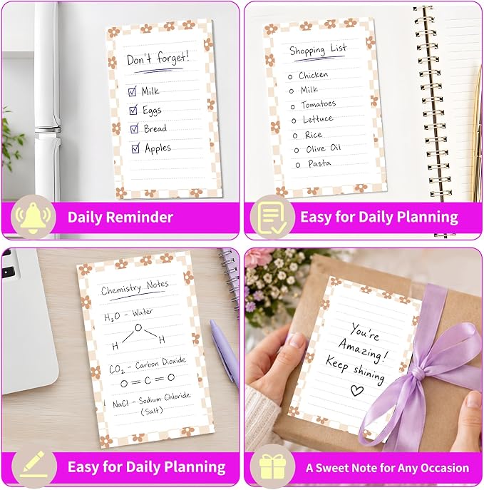 Lined Sticky Notes 4x6 in, 2 Pack Large Cute Notepads with Lines Self-Stick Note Pad, Funny Memo Pads Strong Adhesive for Office, Home Cute Checkerboard Flowers