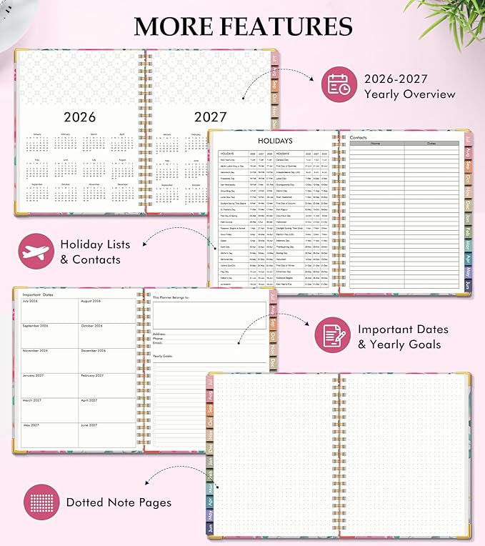 Academic Planner 2026-2027, Hardcover Leather Weekly and Monthly Calendar Planner from July 2026 - June 2027, A5 6.1" x 8.2" Daily Agenda with Tabs, College School Organizer for Student Teacher, Watercolor Blooms
