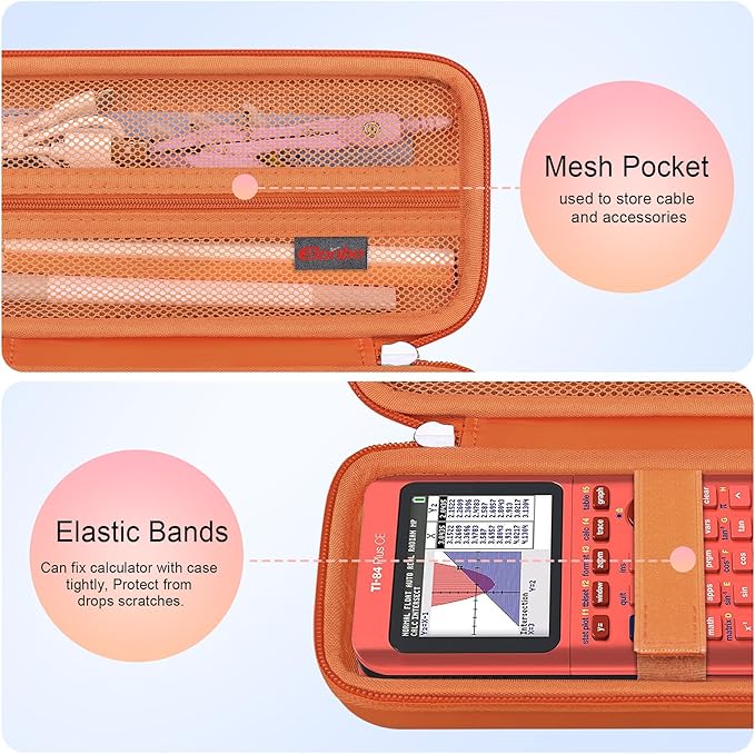Elonbo Carrying Case for Texas Instruments TI-84 Plus CE/TI-84 Evo/TI-84 Plus/TI-83 Plus/TI-83 Plus CE Color Graphing Calculator, Extra Mesh Pocket Fits Charging Cable Charger Manual, Orange