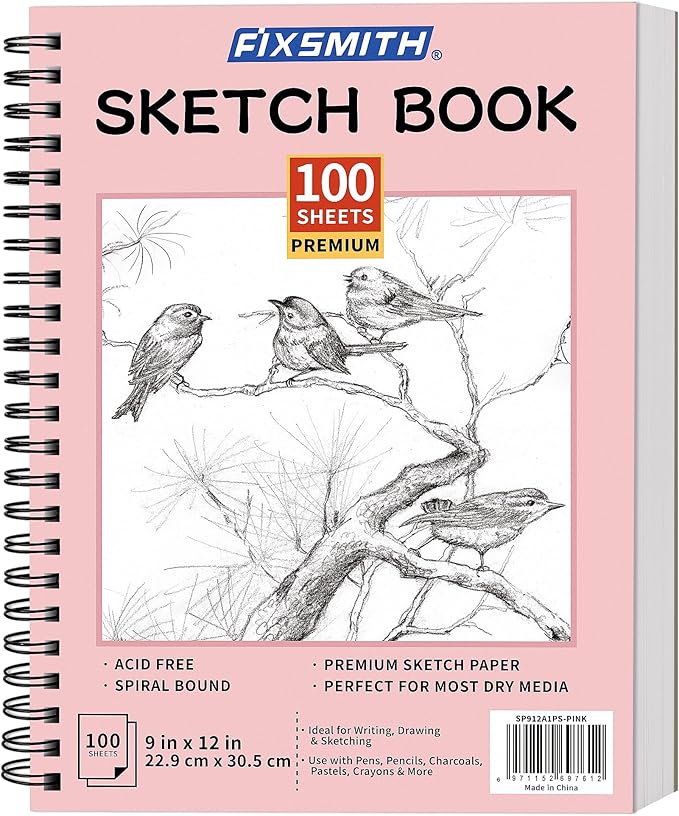 FIXSMITH 9"X12" Pink Sketch Book, 100 Sheets (68 lb/100gsm) Spiral Sketchbook, Acid Free Drawing Paper, Sketch Pad for Beginners,Artists & Professionals, Bright White