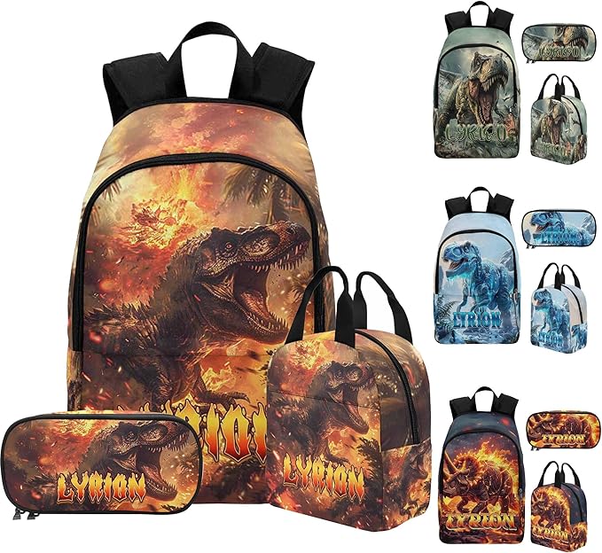 M YESCUSTOM Pesonalized Boys School Backpack Lunch Bag Set with Name, Animal Custom Bookbag Kindergarten Kids Waterproof Nylon Travel Picnic School Bag Pencil Pouch