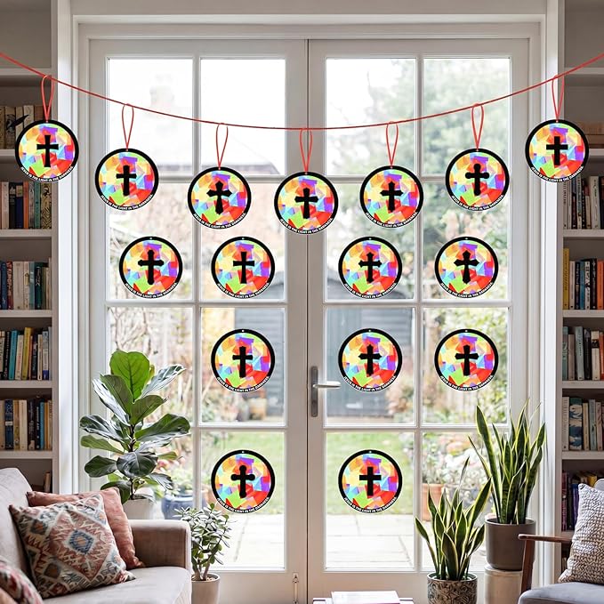 48PCS Sunday School VBS Crafts Bulk: Paper Cross Nativity Suncatchers, Jesus Religious Christian Activity DIY Kits Church Decorations, Window Stained Glass Effect Art Supplies(Round Shape)