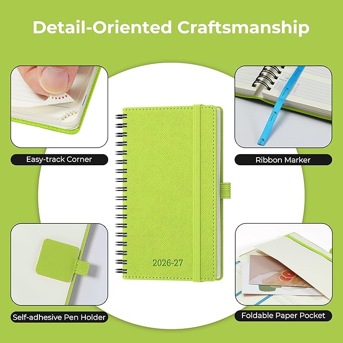 Planner 2026-2027 Daily Weekly and Monthly,6.5"x3.75",18 Months Spiral Bound Calendar Agenda with Self-adhesive Pen Holder,2026 Academic Plan with Vegan Leather Soft Cover,Wasabi Green