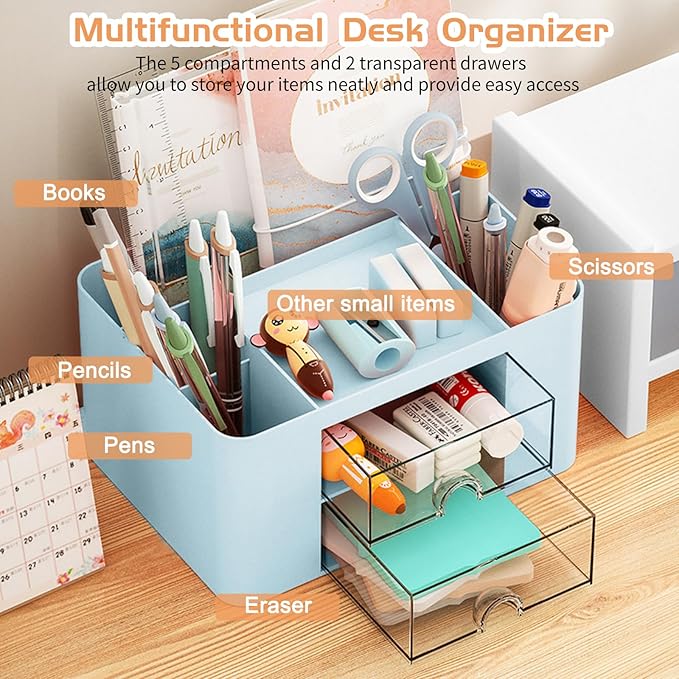 Cayxenful Pencil Pen Holder for Desk,2 Drawer Desk Organizers,5 Compartments Desktop Storage Stationery Supplies Organizer, Cute Pencil Cup Pot For Office, School, Home(Blue)