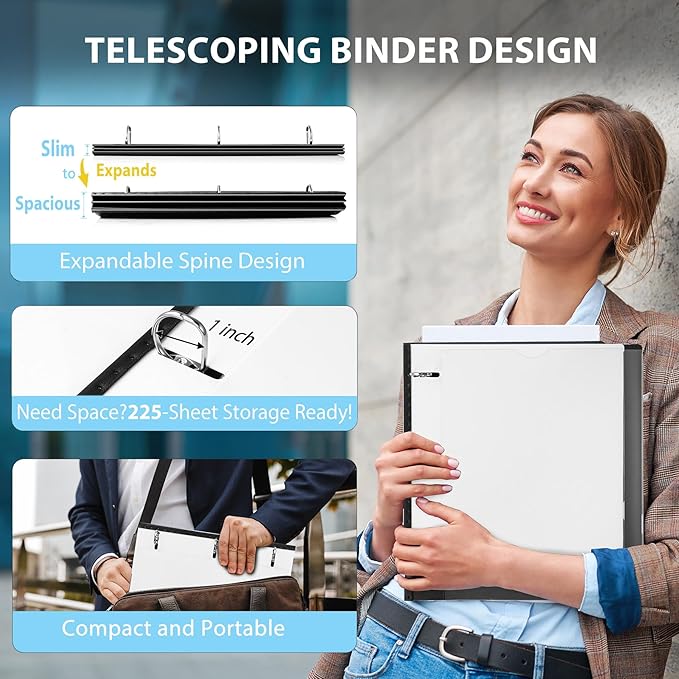 WOT I 1 Inch Telescoping 3 Ring Binder 4 Pack, Expandable Flexible Binder with Customizable Front Cover & Clear Catalog Pocket, Holds 8.5"x11" Paper, School Office Supplies, White