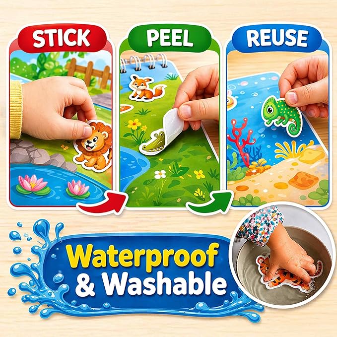 QUOKKA Jelly Sticker Books for Toddlers 1-3, 10 Animal Topics, 40+ Large Thick Reusable Stickers, Waterproof Washable Toddler Activity Busy Book, Learning Toys for Shapes Colors Matching Animals