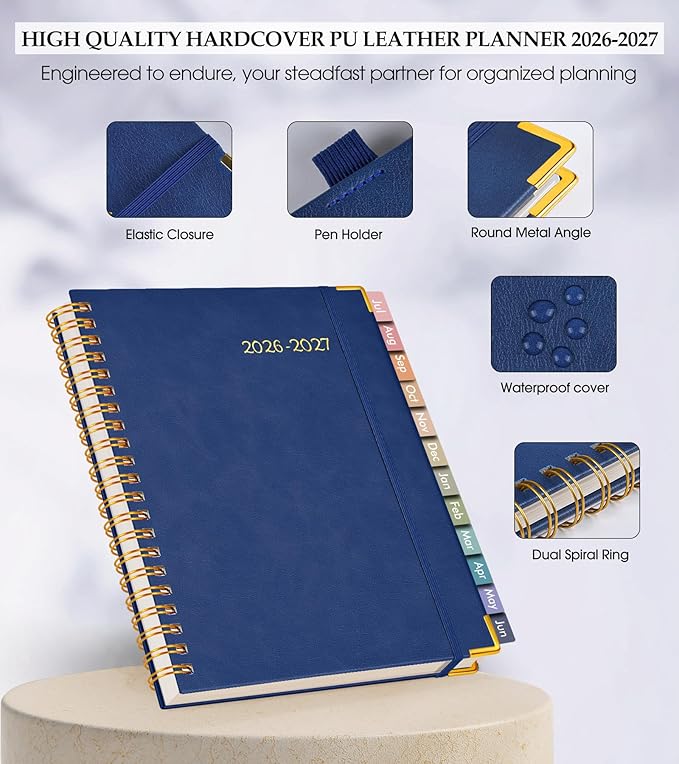 Academic Planner 2026-2027, Hardcover Leather Weekly and Monthly Calendar Planner from July 2026 - June 2027, A4 8.5" x 11" Daily Agenda with Tabs, College School Organizer for Student Teacher, Night Sky Blue