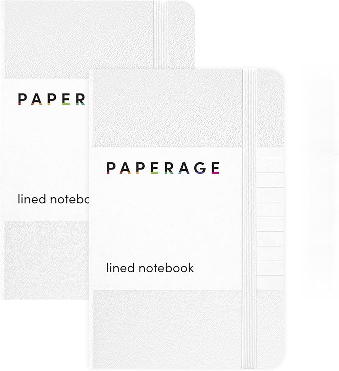 PAPERAGE Lined Pocket Journal Notebook, 2 Pack, (White), 160 Pages, Small Notebook, 3.6 inches x 5.6 inches - 100 GSM Thick Paper, Hardcover