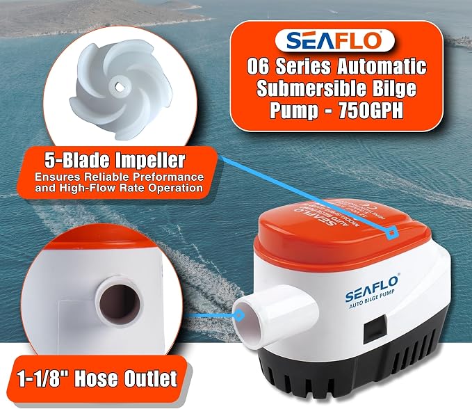 SEAFLO 06 Series Automatic Submersible Bilge Pump - 1100 GPH, 12V, 1-1/8"" Outlet, 4-Year Warranty! Built-In Float Switch, Snap-Off Strainer, Compact for Marine Boat Yacht, CE & Rohs Certified