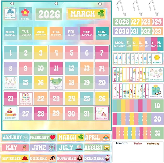Tinlade Classroom Calendar Pocket Chart Set with 115 Cards 24 x 28 Inch Rainbow Pastel Calendar Bulletin Board Pocket 2026-2033 Festival Weather Teacher Supplies for Back to School Wall Decoration