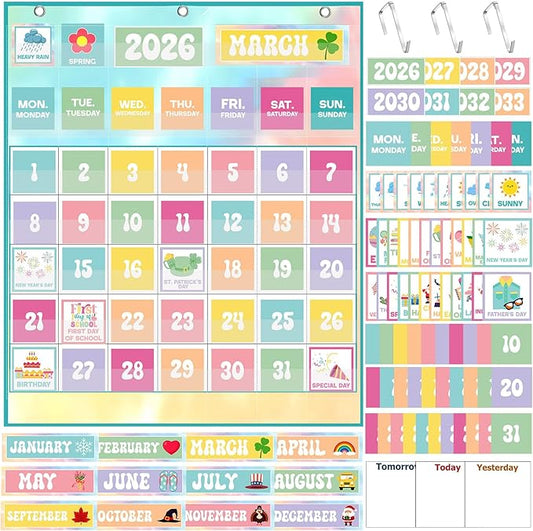 Tinlade Classroom Calendar Pocket Chart Set with 115 Cards 24 x 28 Inch Rainbow Pastel Calendar Bulletin Board Pocket 2026-2033 Festival Weather Teacher Supplies for Back to School Wall Decoration