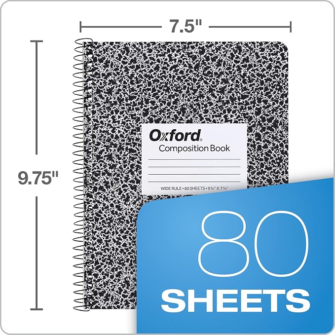 Oxford 4 Pack Marble Spiral Composition Notebook, Wide Ruled Notebook