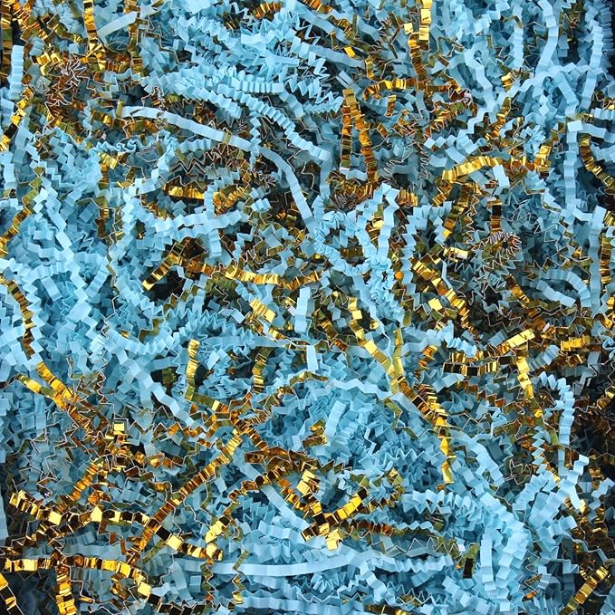 Crinkle Cut Paper Shred Filler 8 oz (1/2 lb) Gift Wrapping & Gift Basket Filler for Christmas, Halloween & Wedding Decorations,Easter Basket Grass Filler ,Crafting Activities (Light blue and Gold)