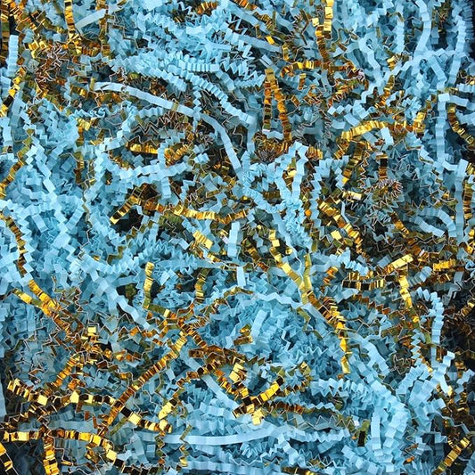 Crinkle Cut Paper Shred Filler 8 oz (1/2 lb) Gift Wrapping & Gift Basket Filler for Christmas, Halloween & Wedding Decorations,Easter Basket Grass Filler ,Crafting Activities (Light blue and Gold)