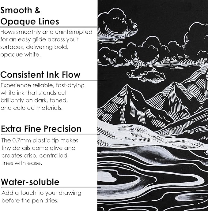 Grabie 6 White Acrylic Paint Markers, 0.7mm Extra Fine Tip Acrylic Paint Pens for Drawing, Coloring Books for Adults