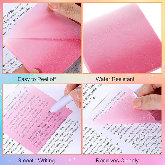 500Pcs Transparent Sticky Notes, Glitter Translucent Clear Sticky Notes Tabs Gradient, See Through Note for Office College School Supplies Pads