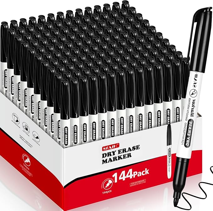 SFAIH Fine Tip Dry Erase Markers - 144 Pack Black Whiteboard Erasable Markers Bulk, Professional-Grade Whiteboard Markers for Offices, Schools & Businesses Long-Lasting Supply, Non-Toxic Easy Clean