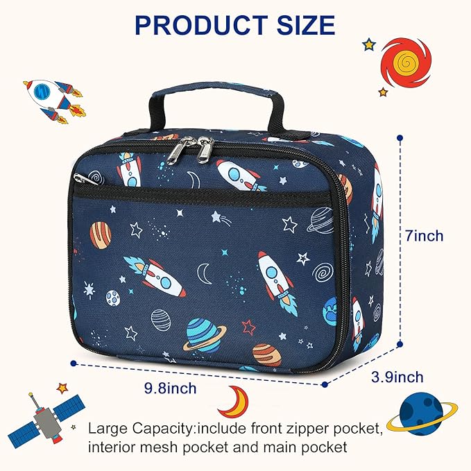 Lunch Box for Kids Boys Insulated Lunch Bags Toddler Lunch Tote Bag Thermo Picnic Cooler Bag for School Children (Spaceship-Navy Blue)