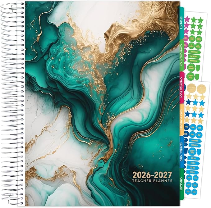 DELUXE TEACHER PLANNER Aug 2026-Jul 2027 8.5x11 Daily Weekly Monthly Organizers with 7 Periods, Pocket Folder, Dated Calendar, Page Tabs, Bookmark and Planning Stickers (Teal Gold Marble)