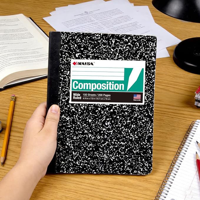 KAISA Composition Notebooks, Wide Ruled, 9-3/4" x 7-1/2", Black Marble Covers Composition Notepads Journal Notebooks 100 Sheets 48 Pack Made in the USA(C10001W-48
