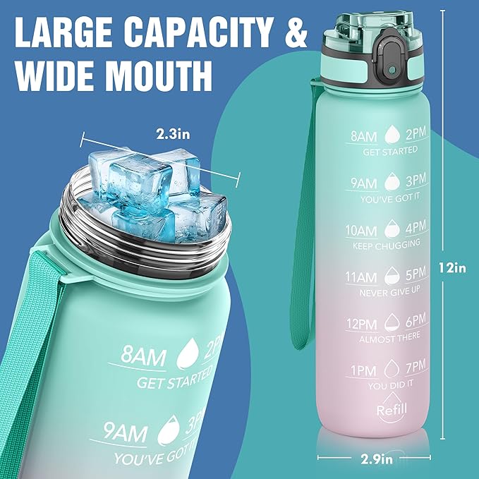OLDLEY Water Bottle, 32oz Motivational Sports Water Bottle with Time Marker - Times to Drink - Tritan, BPA Free, Wide Mouth Leakproof, Anniversary Birthday Gifts for Men Women,Bubble Gum (1 Bottle)