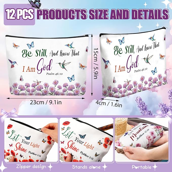 Reginary 12 Pcs Christian Makeup Bags Bulk, Inspirational Bible Verse Cosmetic Bags with Zipper, Floral Canvas Pouch, Christian Gifts for Women Teacher Nurse, Mother's Day Theme Travel Party Supplies