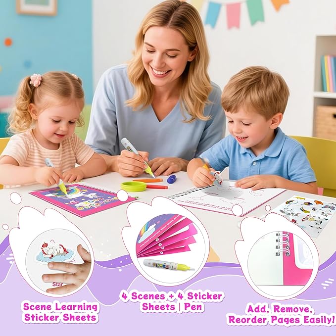 Reusable Water Coloring Books for Toddlers 1-3 with 18+ Stickers & No-Mess Pen, Unicorn Theme Water Coloring Books for Toddlers 1-3, Magic Paintless Painting Book for Toddler, Paintless Painting Book
