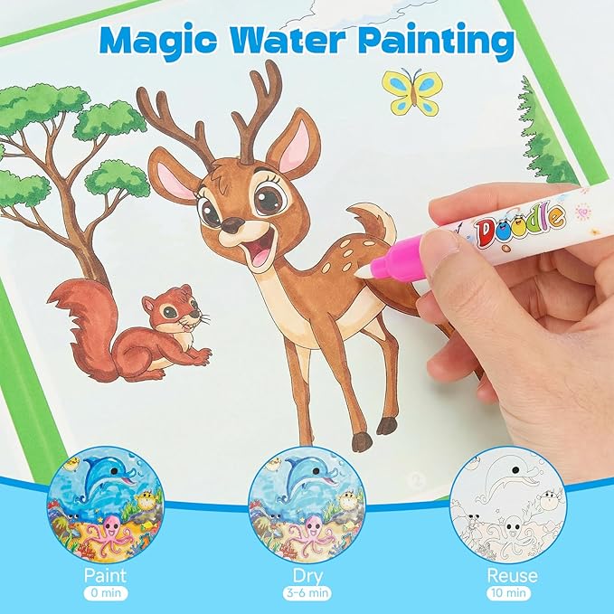 Bafeil 4 Pack Reusable Water Coloring Book Set with Water Pens and Canvas Bag, No Mess Water Painting Books, Animal Ocean Dinosaur Themes, Travel Coloring Activity