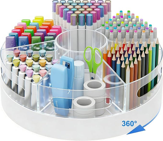 CraftGenes Rotating Pencil Organizer for Desk, 360 Smooth Spinning Marker Organizer, Clear Acrylic Pen Holder, Art Supply Storage & Lazy Susan Desktop Caddy for Kids, School, Office & Craft Room