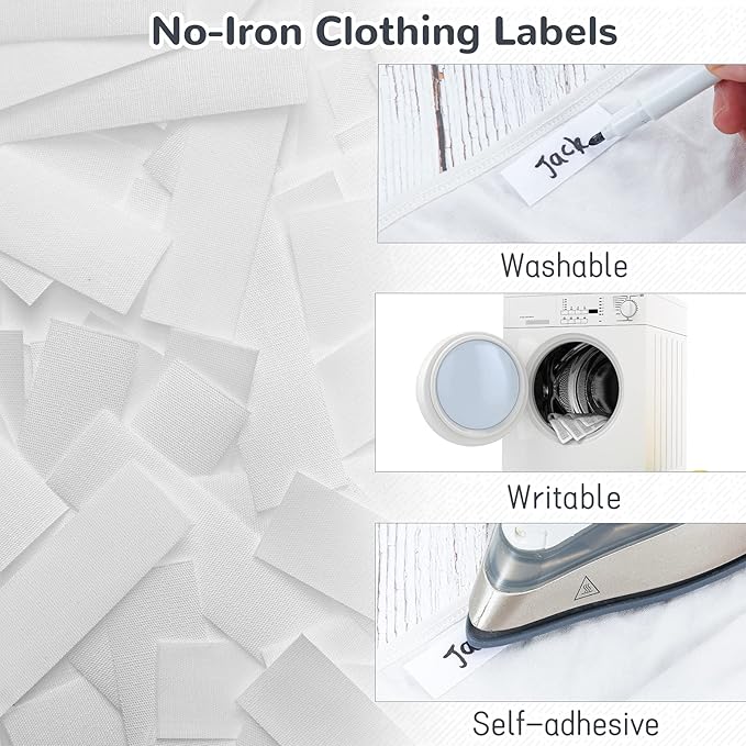 Tatuo 100 Pieces Iron on Name Tags for Clothing, Clothing Labels for Nursing Home, Name Fabric Labels Tags with Permanent Marker for Nursing Home College Camp Day Care Uniforms