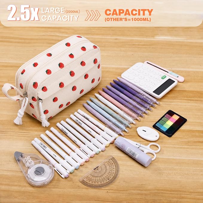 Big Capacity Pencil case,Soft Corduroy Pencil Bag with 3 Compartment,Pencil Pouch School Supplies Cute Pencil Box Pencil Bag for Teen Girls Boys College (Strawberry)