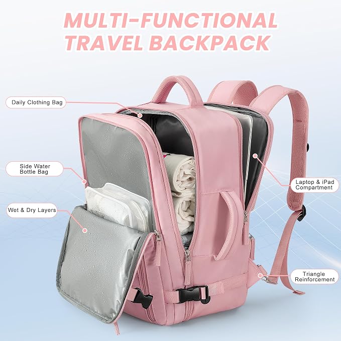 Beraliy Travel Backpack for Women, Airline Approved Bag, Carry On Waterproof Hiking Backpack, 16 inch Laptop Backpack, Overnight Bag, Pink | 16 Inch Laptop Waterproof Hiking Backpack, Casual Outdoor Daypack Bag for College Weenkender Business, Pink