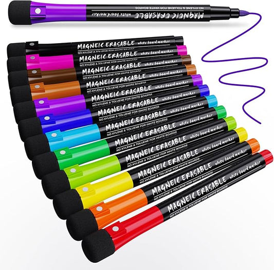 Magnetic Dry Erase Markers Fine Point Tip, 12 Count Colorful White Board Markers Dry Erase Marker with Eraser Cap, Low Odor Thin Marking for Teachers, Calendar Boards, Office, School Supplies