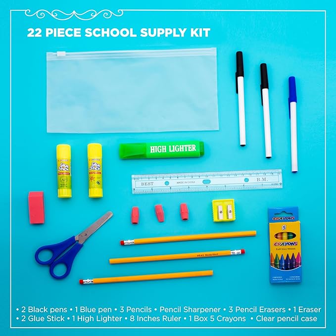 22 Piece Bulk School Supplies Kit for K-12 - Essential Box of School Supplies for Elementary, Middle, and High School Students - Pens, Pencils, Crayons