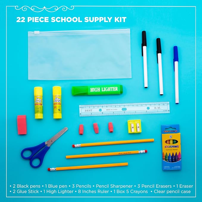 Moda West 17 Inch Bulk Backpacks with 22 Piece School Supply Kit - Case of 12 Wholesale Backpacks in Assorted Colors 6 Boy 6 Girl