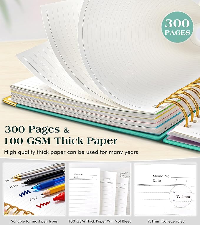 Spiral Notebook Journal with Removable Dividers Tabs, 300 Pages Hardcover Leather 5 Subject College Ruled Notebook, 8.5"x11" Large A4 Lined Journal for Women Men, Spiral Notebook for Work School,Teal