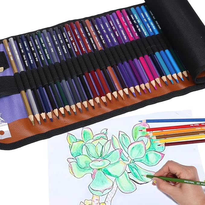 50 Colored Pencils Set with Roll Up Canvas Case for Adult Coloring Books, Drawing, Sketching, Pretty Gift